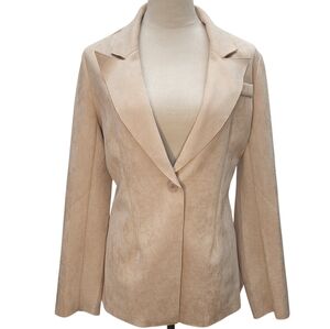 SOLITAIRE Beige Faux Suede Blazer Jacket Women M Tailored Single Button Tan